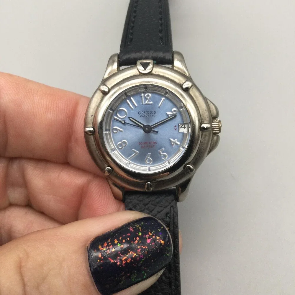 Guess Waterpro Womens Watch 28mm Blue Dial Black Leather 50M New Battery